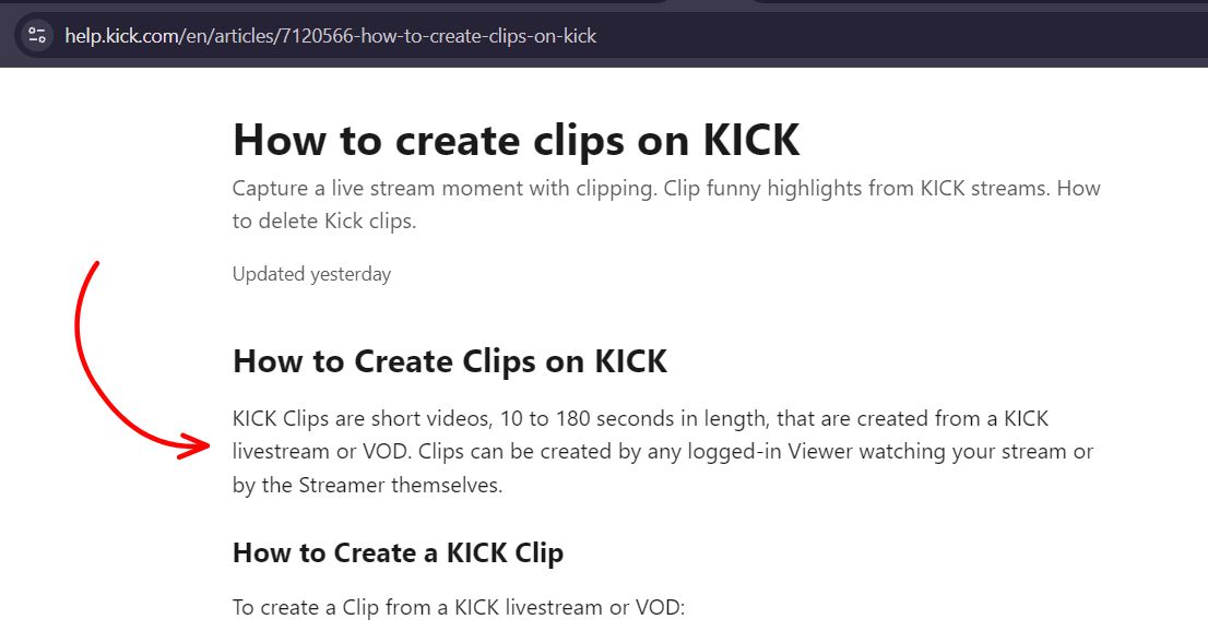 the Kick Help page - How to create clips on KICK
