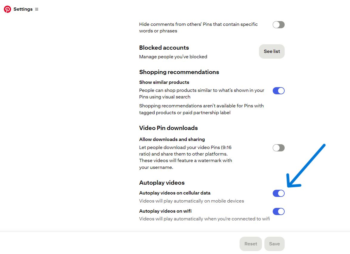 Pinterest desktop with Autoplay videos