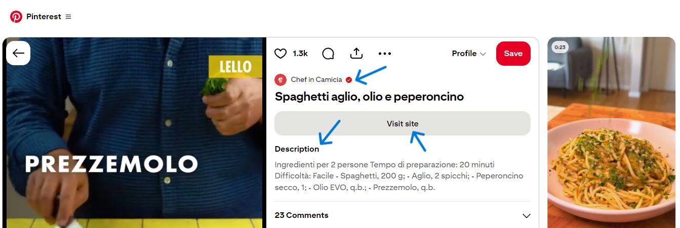Pinterest video Pin page with the account name, Visit site button and description highlighted