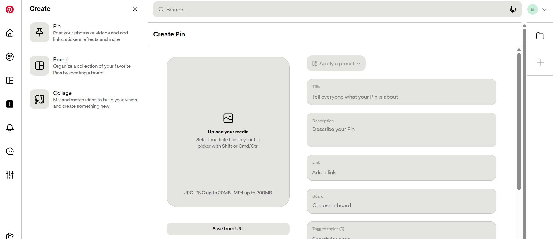 Pinterest current Pin creation screen
