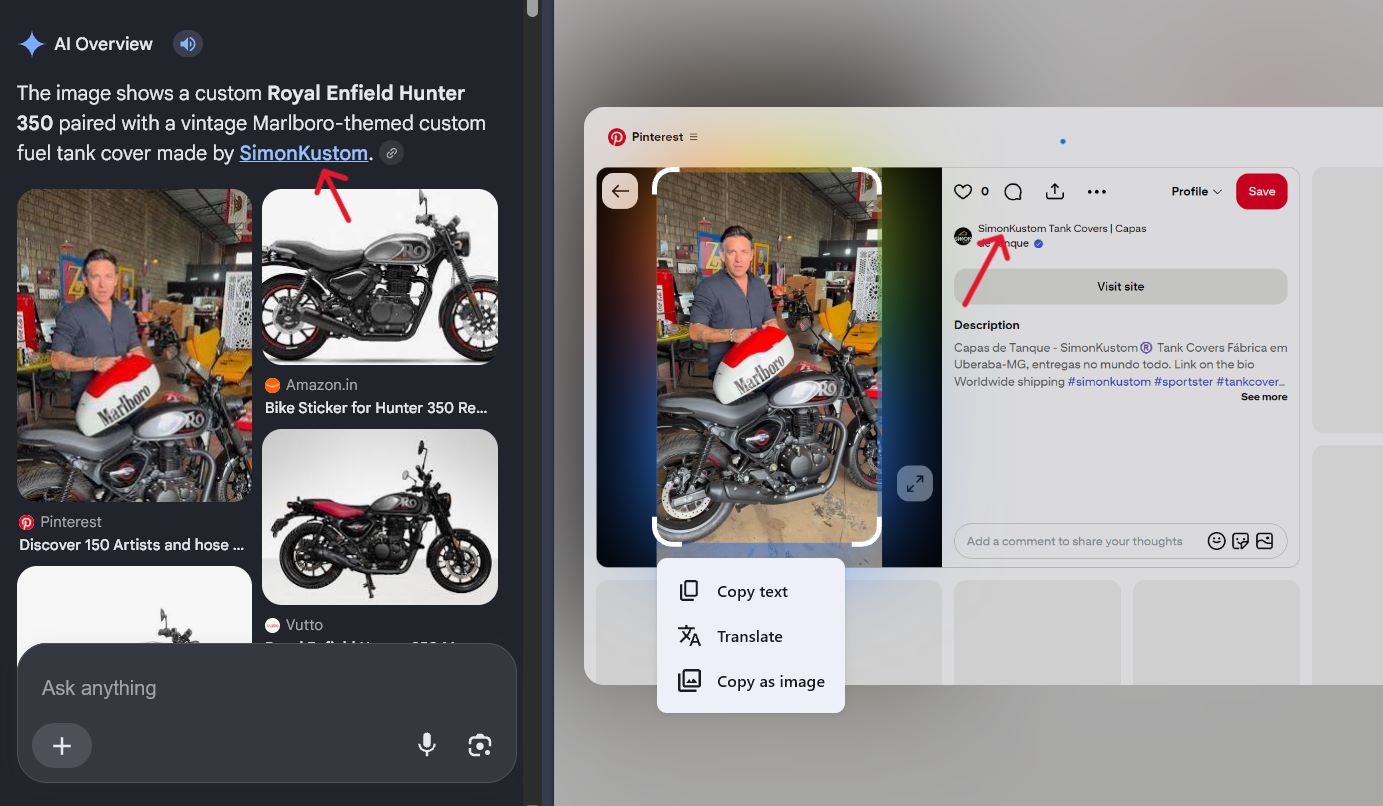 Google Lens results for a frame taken from a Pinterest video