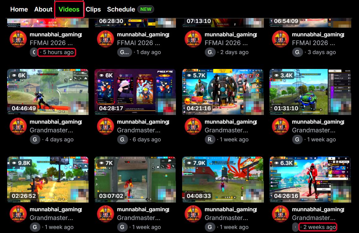 Kick channel Videos tab showing a grid of past stream VODs with how long ago each one aired