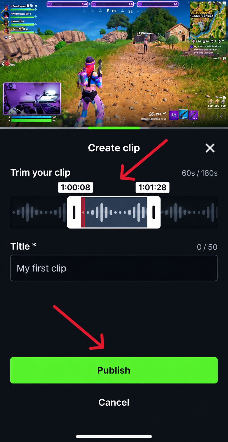 Kick Help section showing the clip length slider and Publish button marked