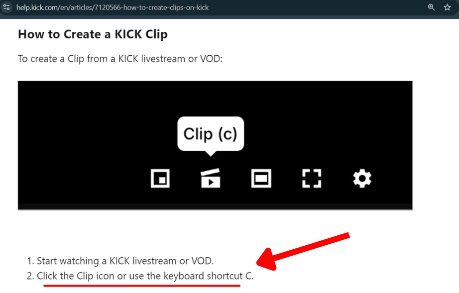 Kick Help page with the clip icon and C shortcut steps marked
