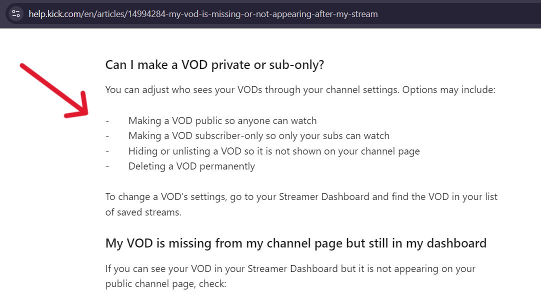 Kick Help page section on VOD privacy with the four options public, subscriber only, hidden or unlisted, and deleted marked
