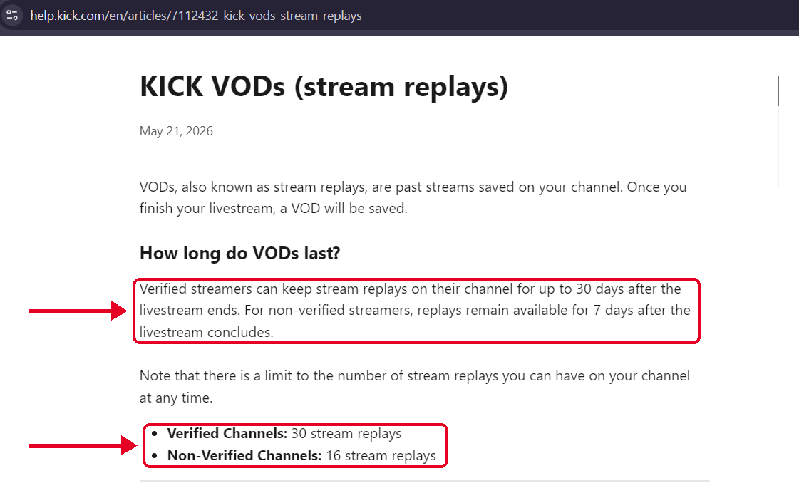 Kick Help page for stream replays with the 30 day and 7 day limits