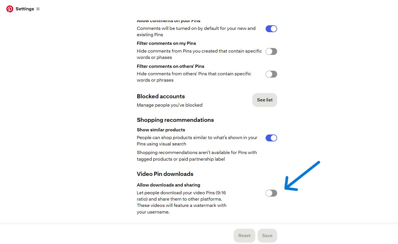 Pinterest settings page showing the creator switch for sharing video Pins, with a note that these videos carry a watermark with the creator’s username