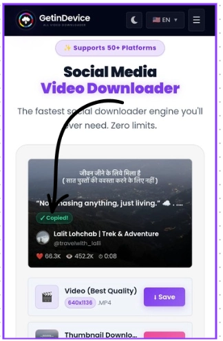 Instagram Caption Copied successfully using GetinDevice